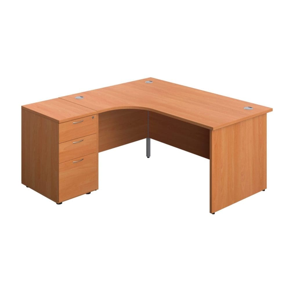 Radial office desk with matching legs, grey cable ports, and modesty panel