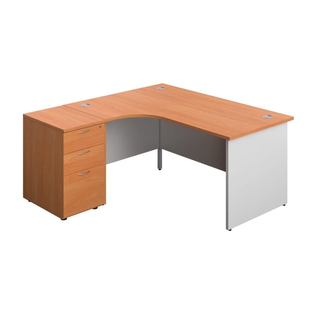 Radial office desk with white legs, modesty panel, and grey cable ports