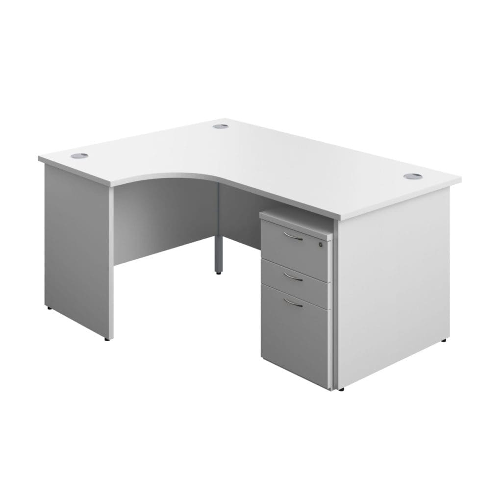Radial office desk with matching legs, modesty panel, and grey cable ports