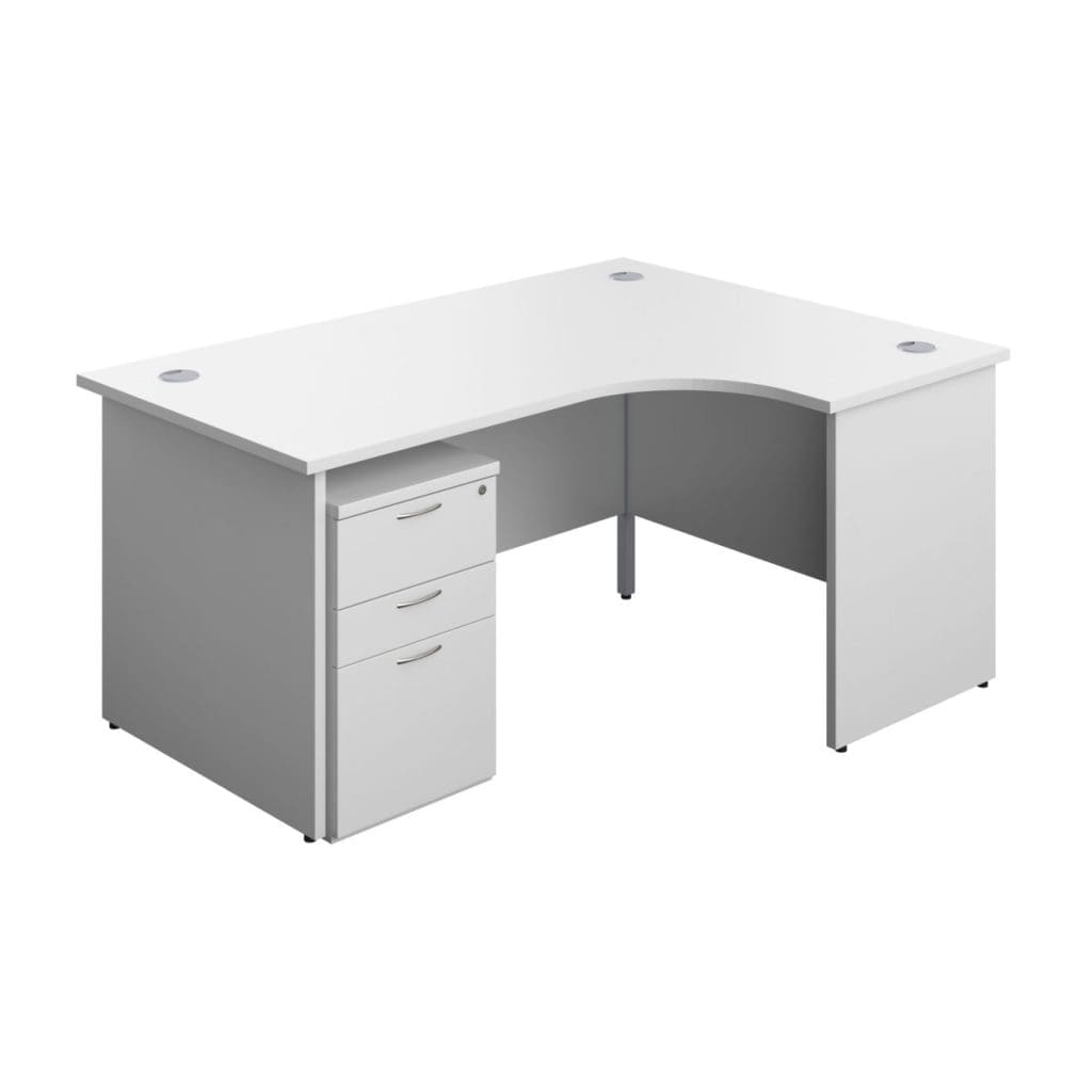Modern panel radial desk with wood finish, grey cable ports and modesty panel