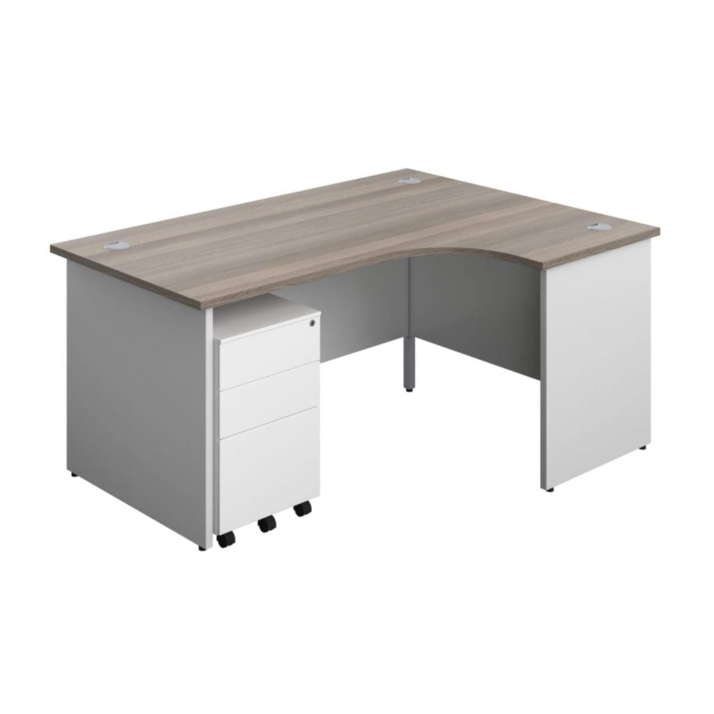 Radial office desk with white legs, grey cable ports, modesty panel, and wood finish top