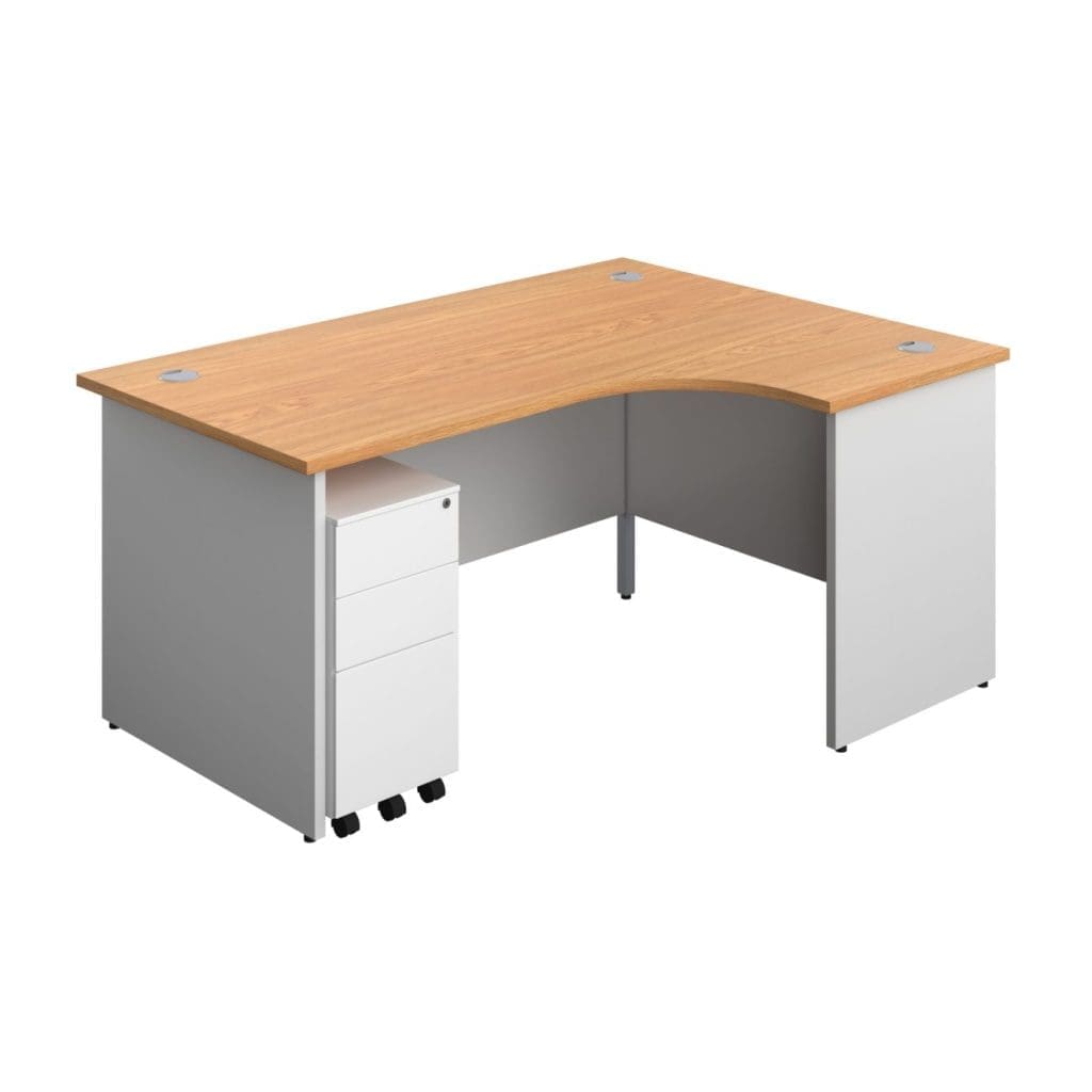 Curved radial office desk with white legs, modesty panel, and grey cable ports