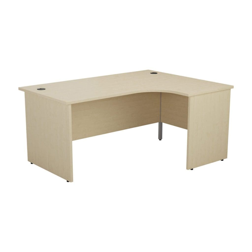 Right hand L-shape panel desk with white legs, grey cable ports and modesty panel