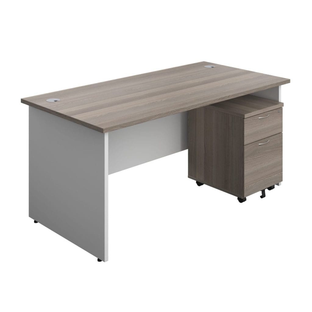 Modern rectangular panel desk with white legs, modesty panel, and grey cable ports