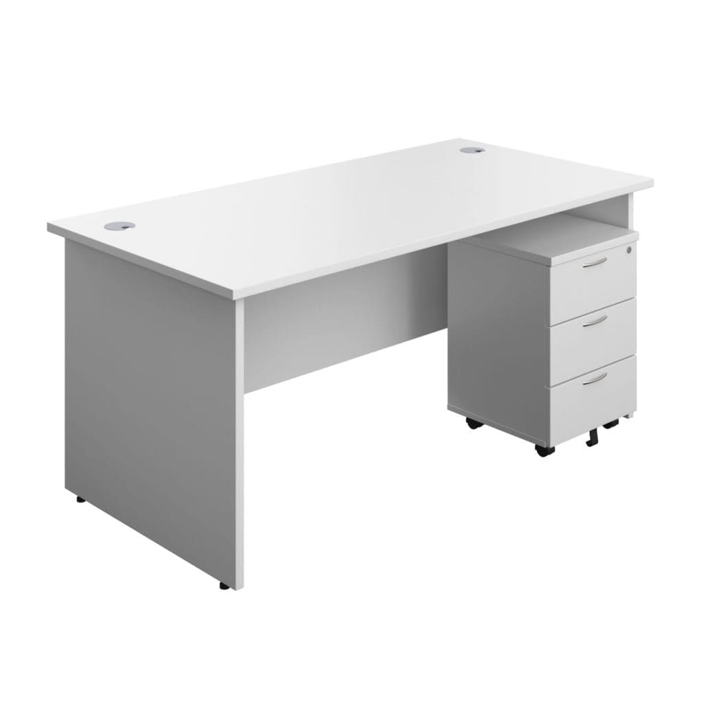Panel rectangular desk with grey cable ports, modesty panel, and matching wood finish legs