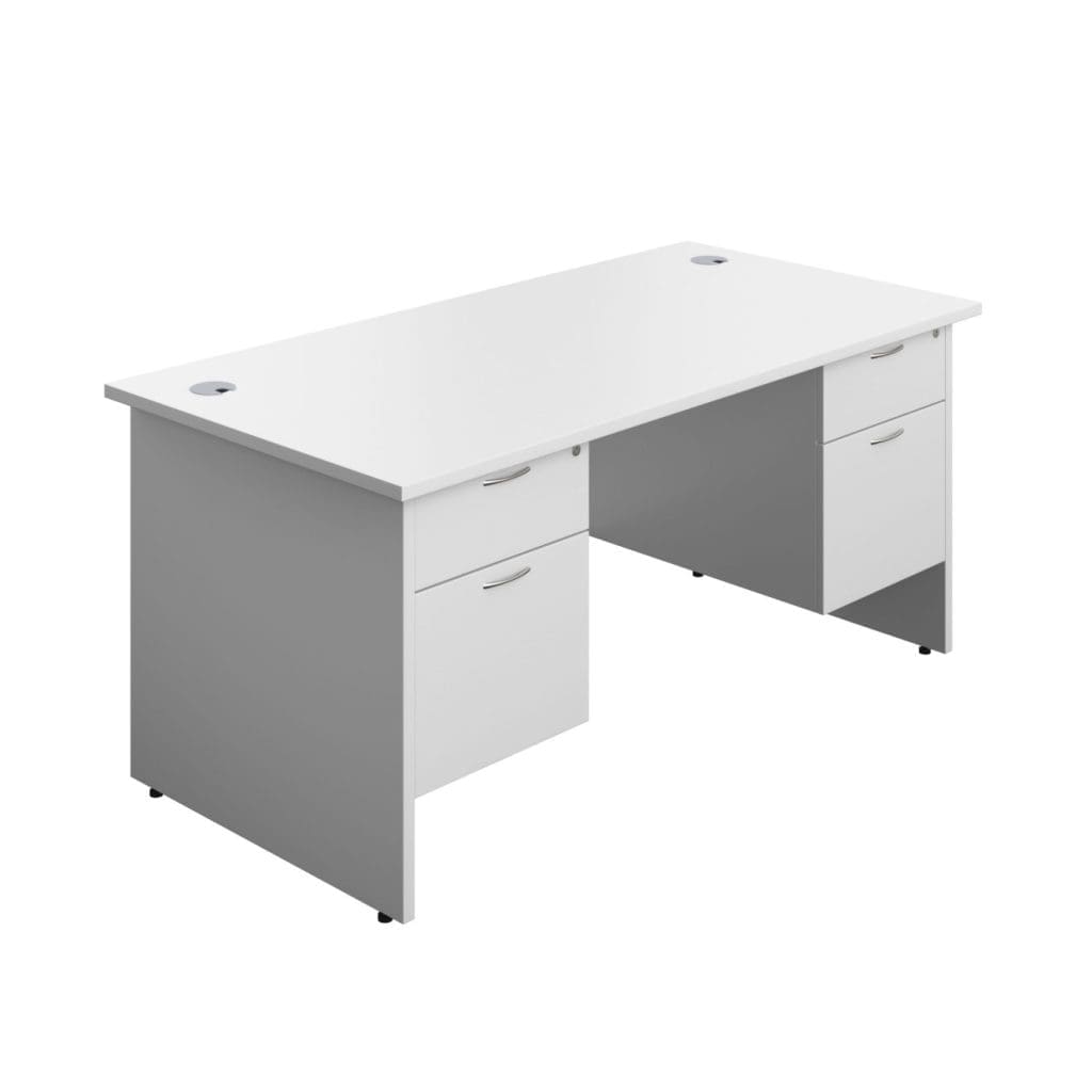 Modern rectangular panel desk with wood finish, grey cable ports, and modesty panel