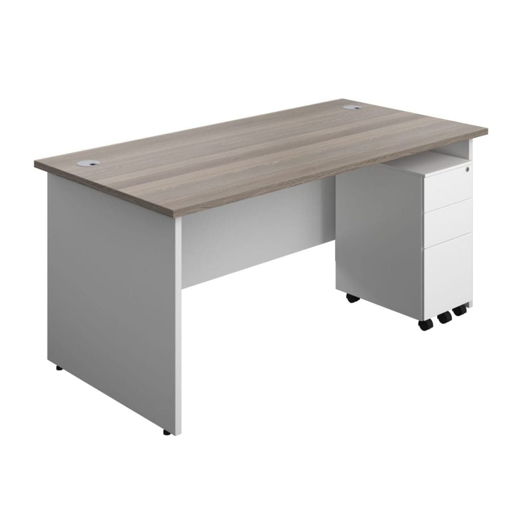 Rectangular panel office desk with white legs, modesty panel, and grey cable ports