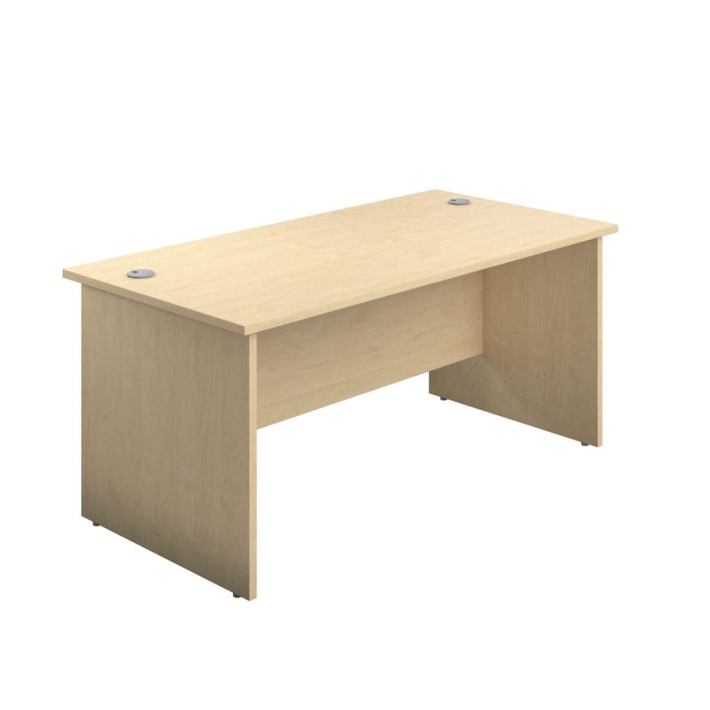 Rectangular panel desk with white legs, modesty panel and grey cable ports