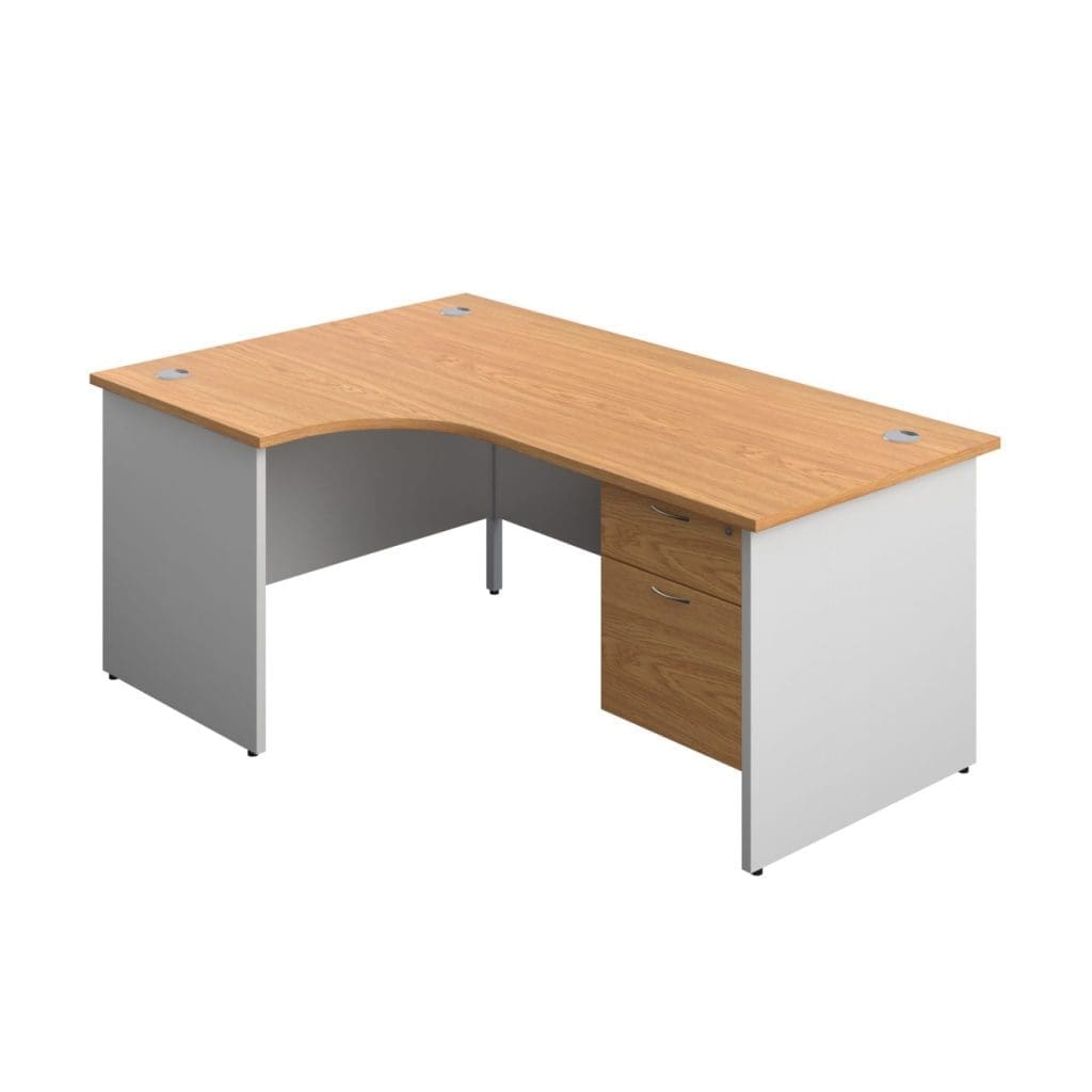 Radial office desk with white legs, modesty panel, and grey cable ports in a wood finish