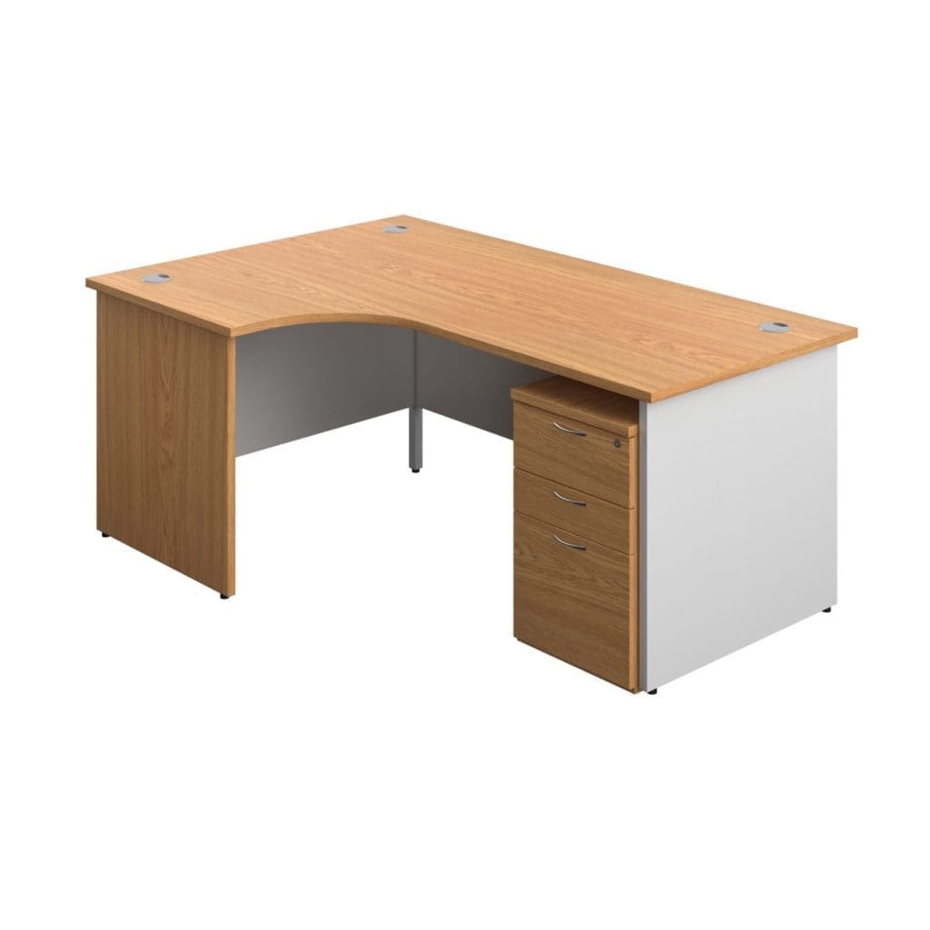 Radial office desk with white legs, modesty panel, and integrated grey cable ports