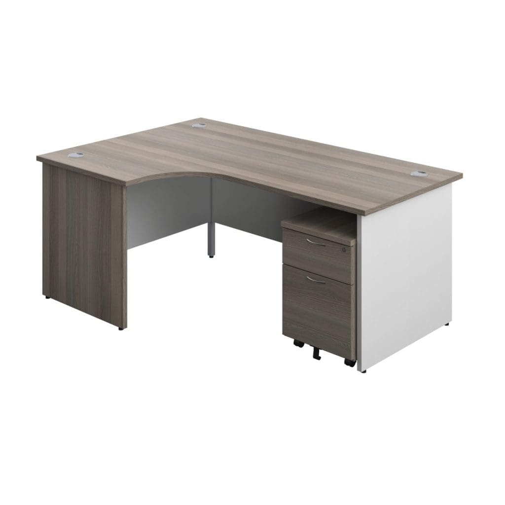 Ergonomic panel radial desk with white legs, modesty panel, and grey cable ports