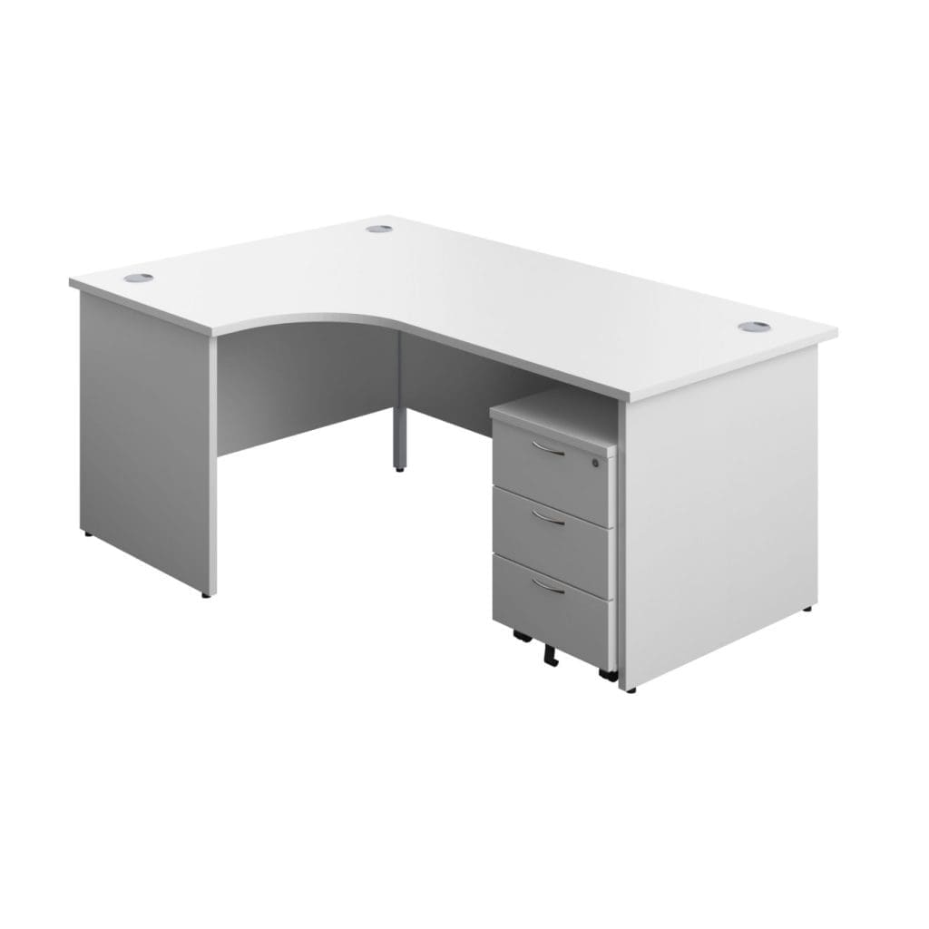 Radial office desk with matching legs, modesty panel, and grey cable ports