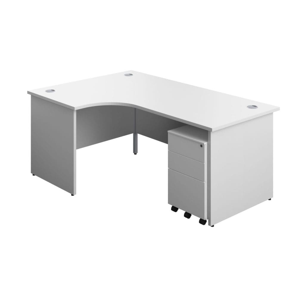 Radial office desk with matching legs, modesty panel, and grey cable ports