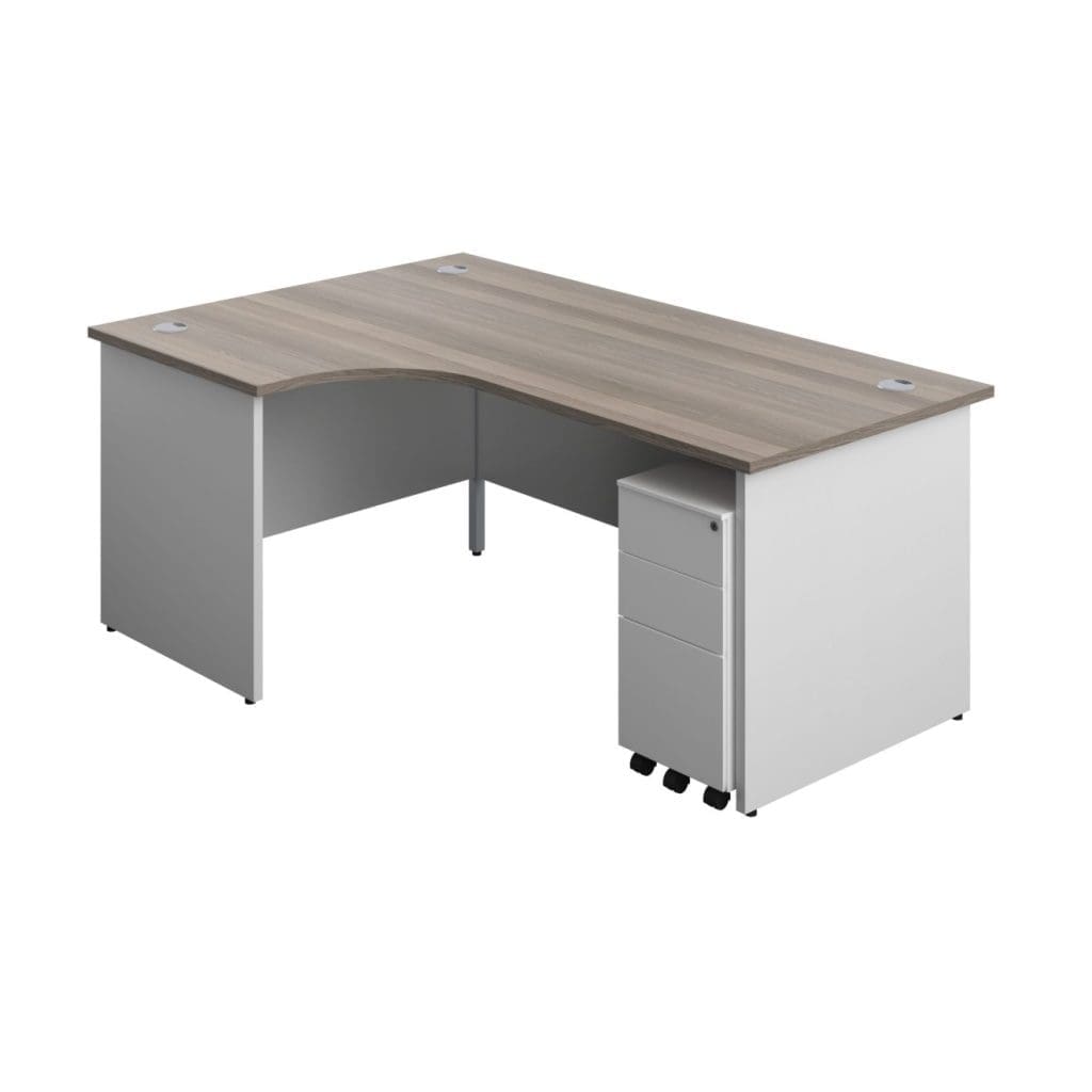 Radial office desk with white legs, modesty panel, and integrated grey cable ports