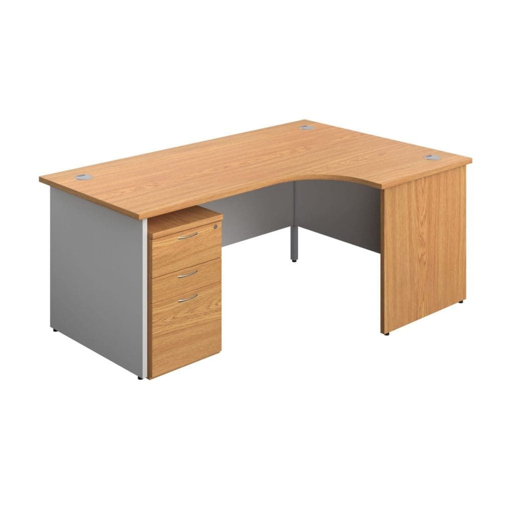 Curved panel radial office desk with white legs, grey cable ports, and modesty panel