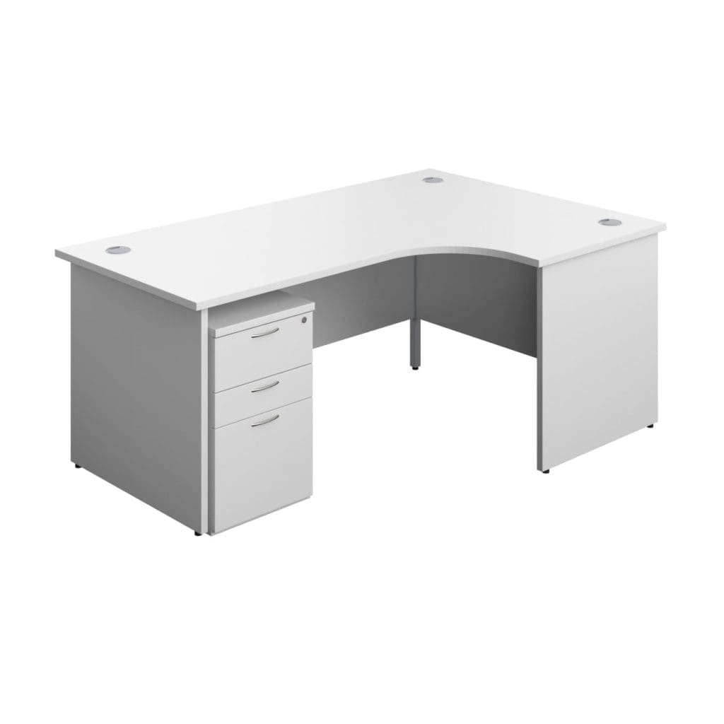 Panel Radial Desk with matching legs, cable ports, and contemporary wood finish