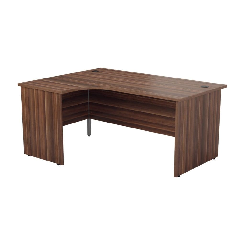 Left hand office desk with white legs, modesty panel, and grey cable ports