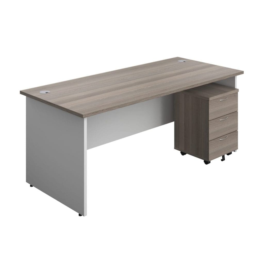 White leg rectangular office desk with modesty panel and integrated grey cable ports