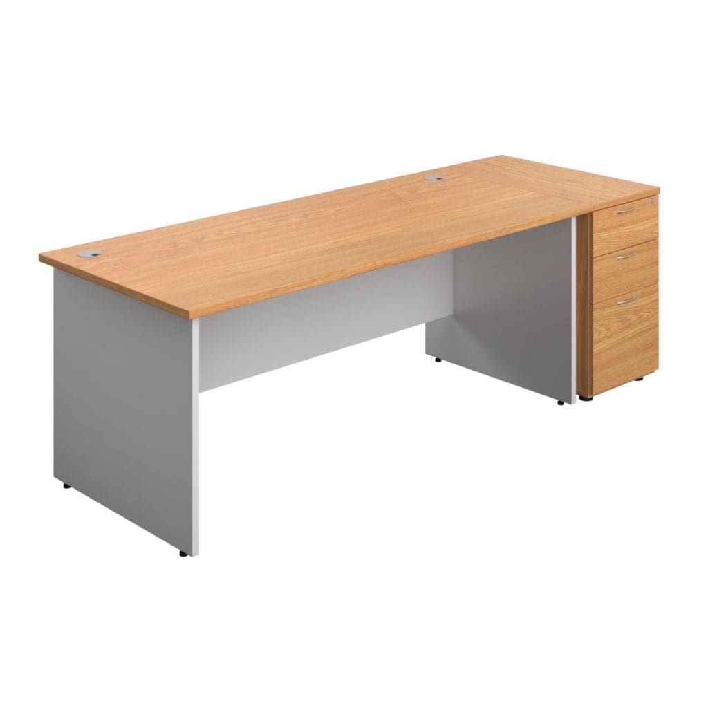 Rectangular office desk with white legs, modesty panel, and grey cable ports