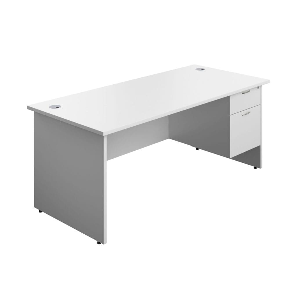 Modern rectangular panel desk with grey cable ports, modesty panel, and matching wood finish legs