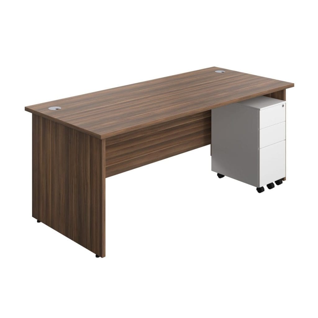 Modern rectangular panel desk with grey cable ports, modesty panel, and matching wood legs