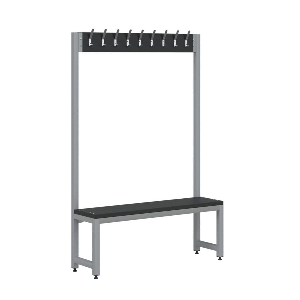 Single-sided cloakroom bench with 9 hooks and powder-coated steel frame for school changing rooms