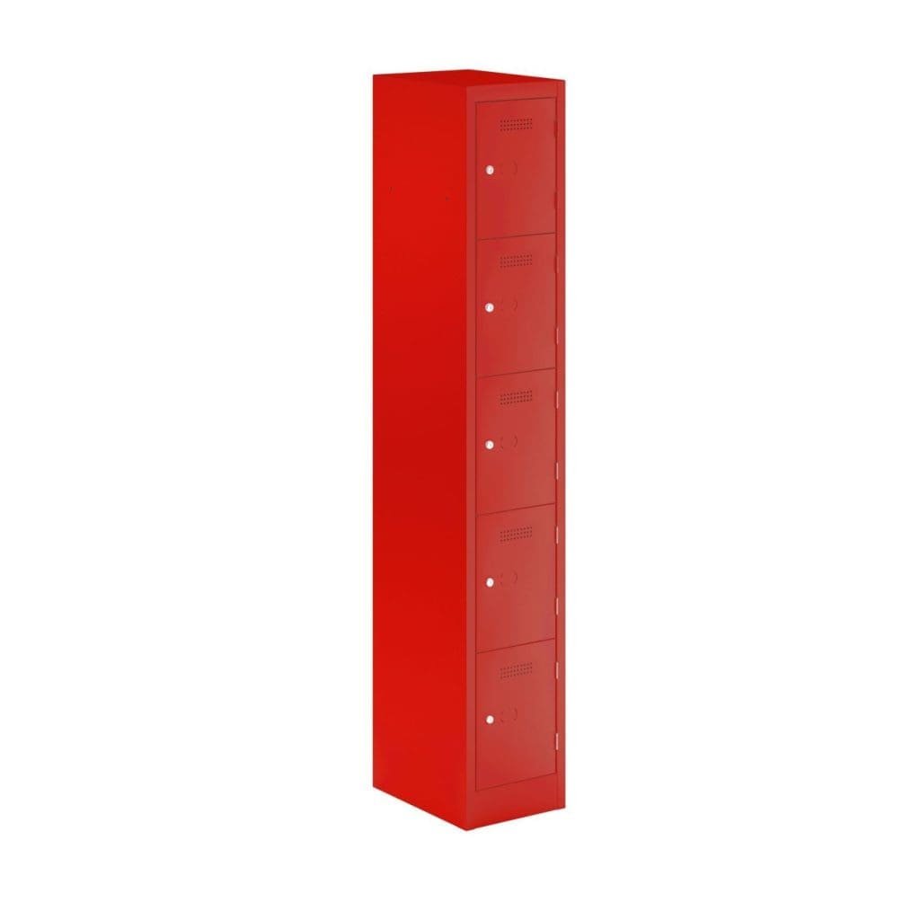 Five door steel locker in grey with colourful lockable doors