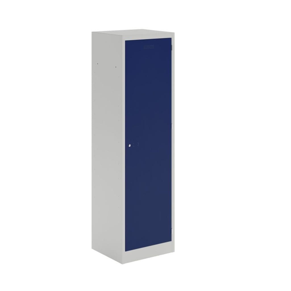 Low height grey steel locker with two coloured lockable doors in office setting