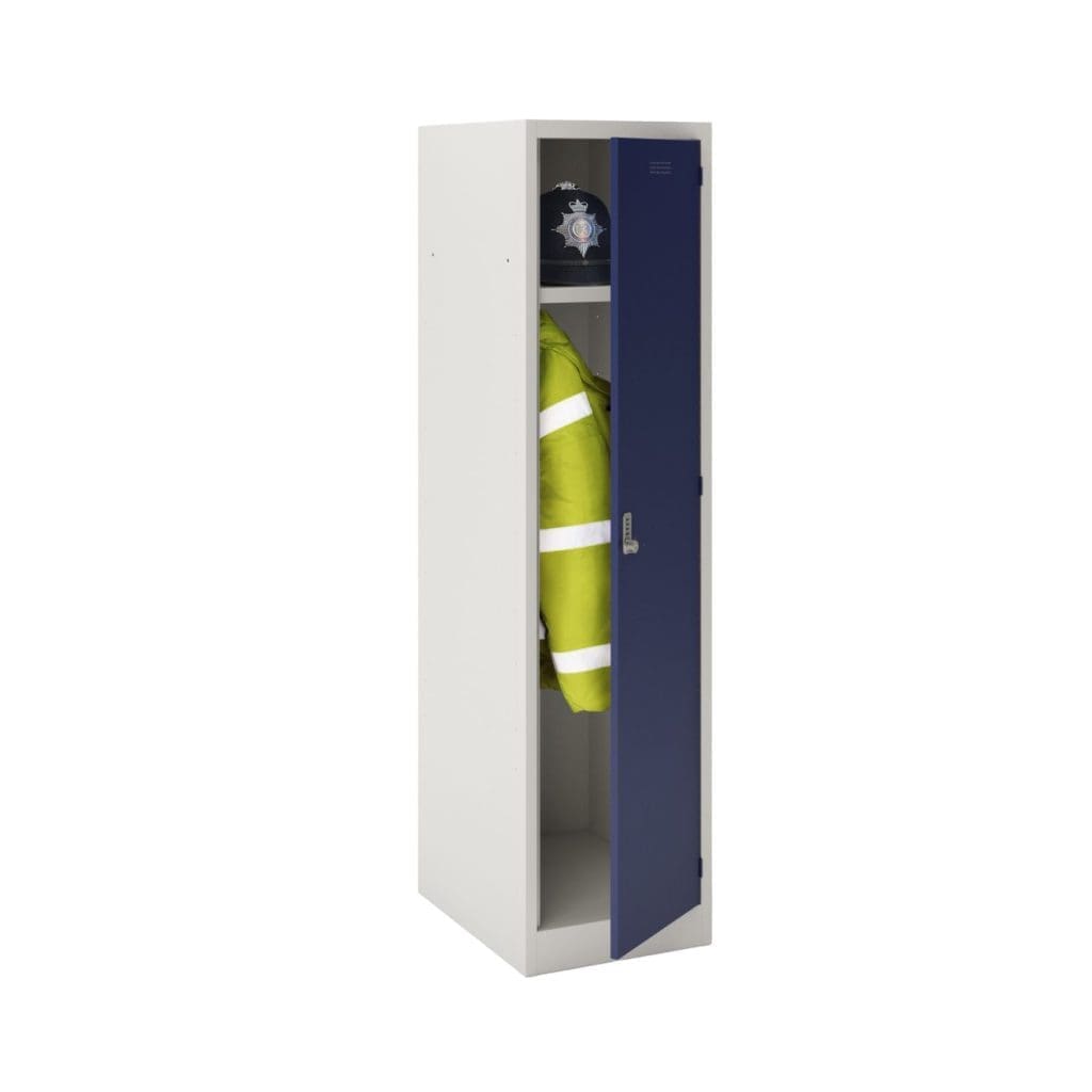 Heavy-duty police locker with coat rail and helmet shelf
