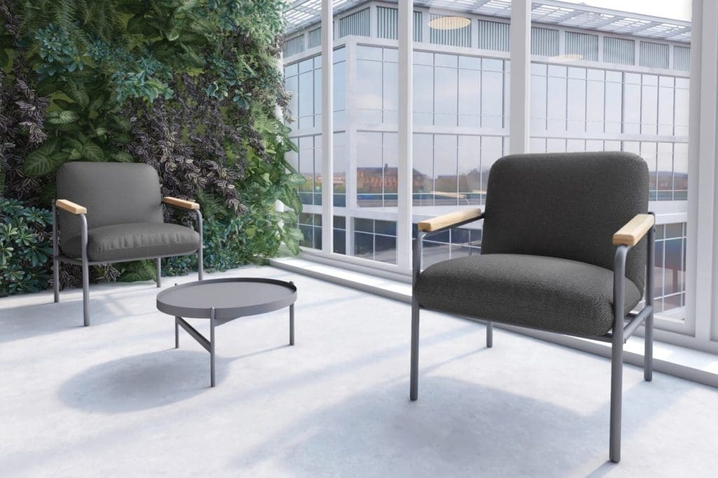 Settle armchairs with padded seats and wooden arms next to medium Platter table with steel frame