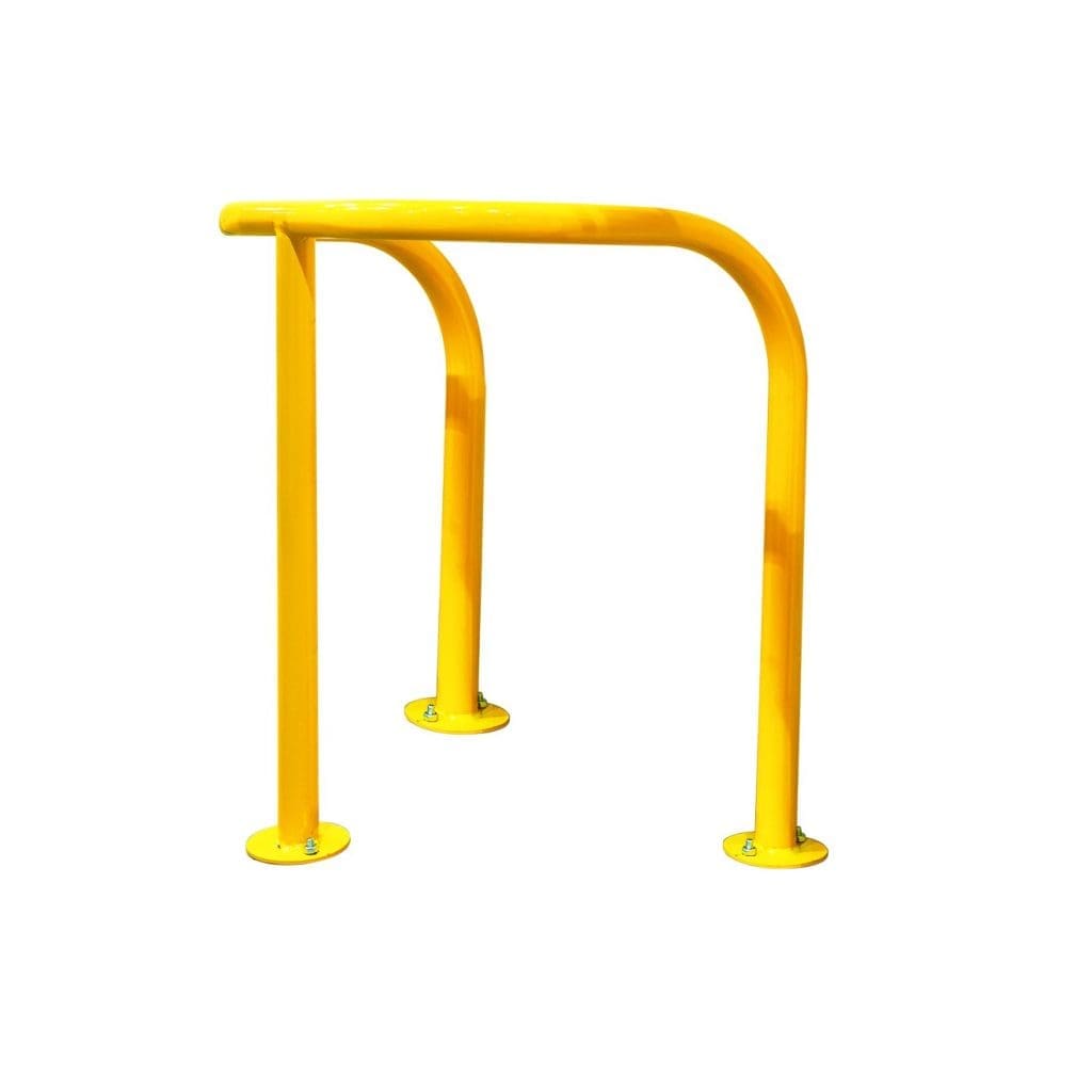 Tubular steel safety barrier with yellow Germ Guard finish for industrial walkways