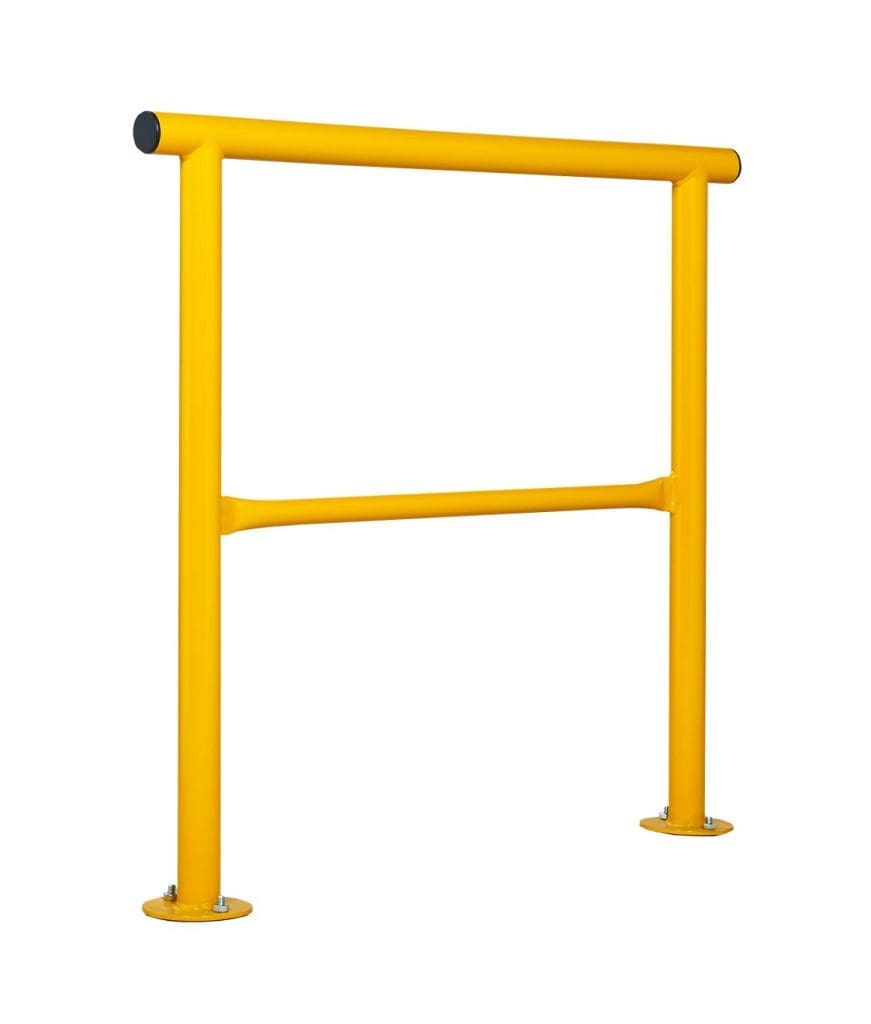 Yellow tubular safety barrier for industrial walkway protection