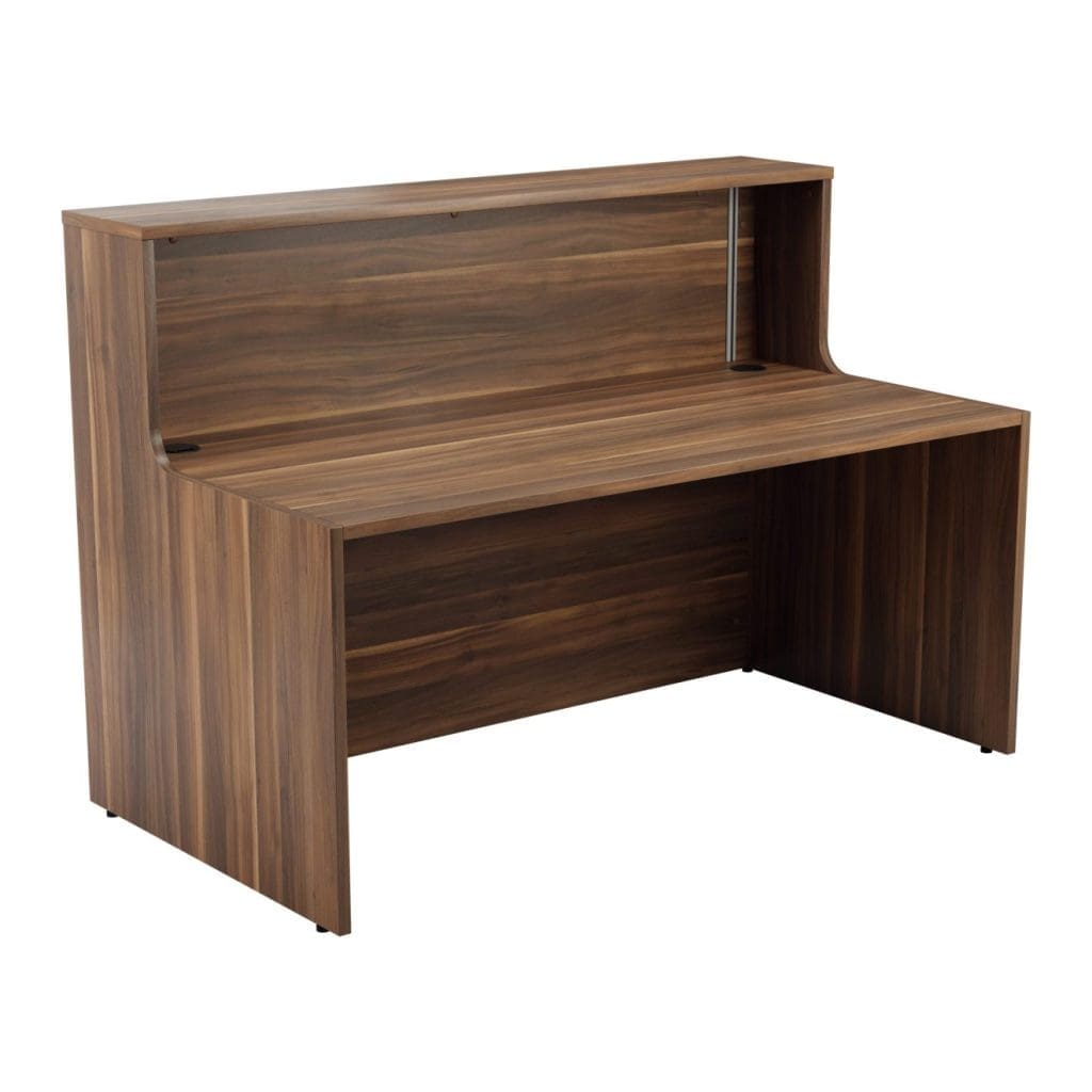 Modern reception unit with two-tier design and cable ports in wood finish