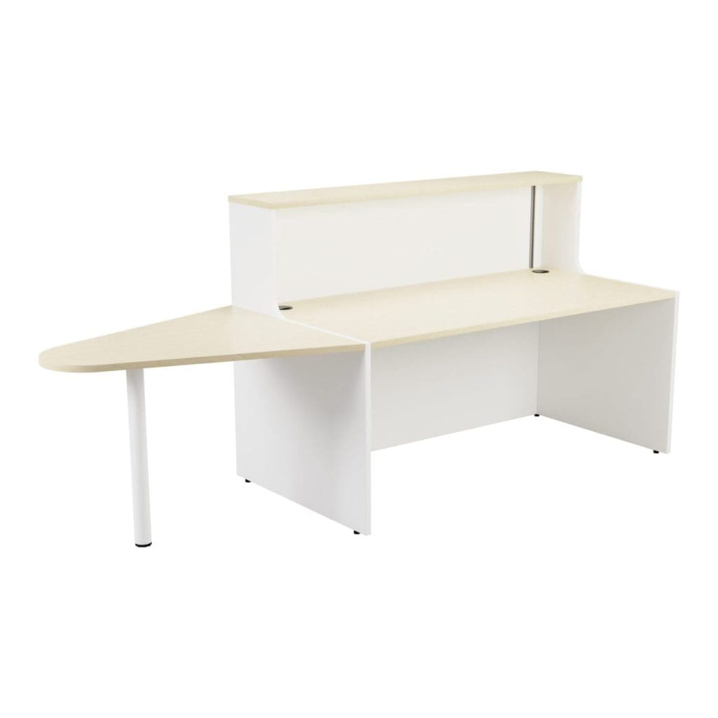Reception unit with high shelf, extension desk, and cable ports in wood finish