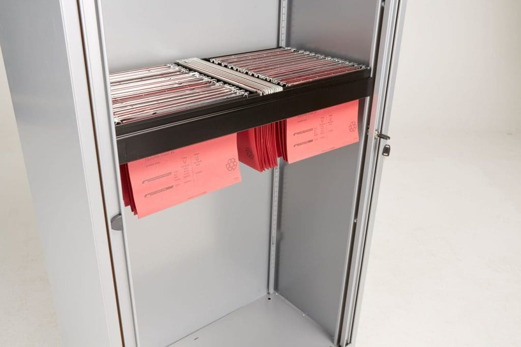 Bisley roll-out suspension filing frame for foolscap and A4 files inside black cupboard