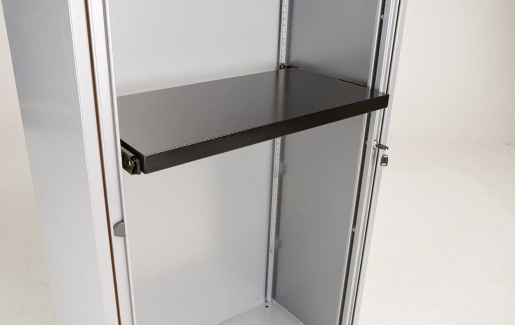 Bisley Essentials roll-out shelf for A4 and suspension filing inside metal cupboard