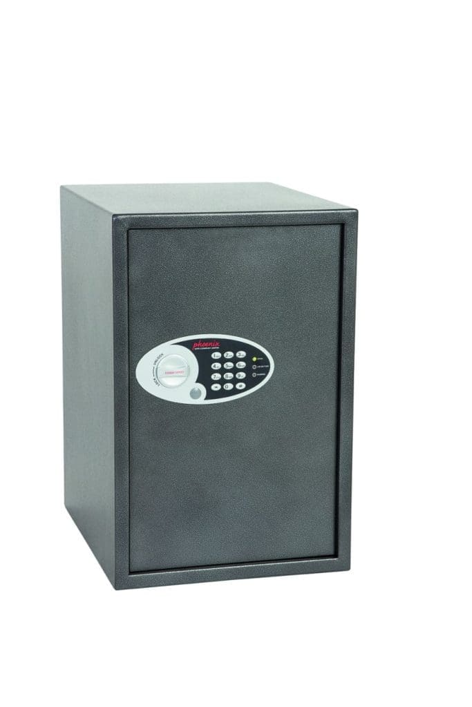 Black compact electronic home safe with open door showing LED light and twin locking bolts
