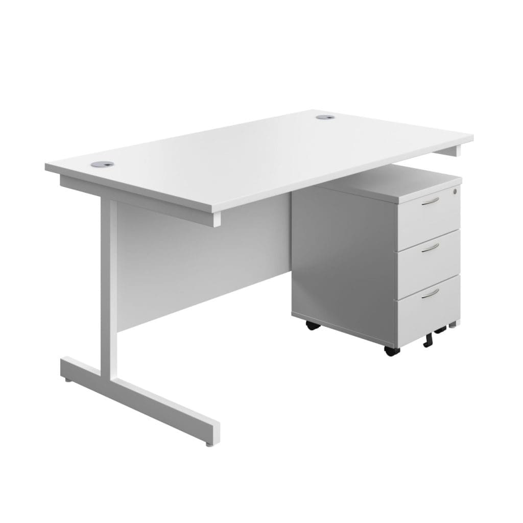 Rectangular desk with wooden top, steel frame and mobile storage pedestal