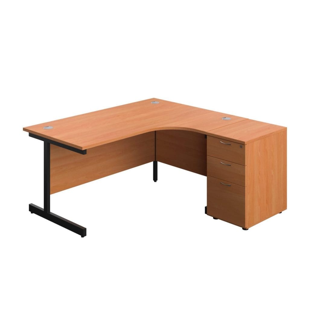 Desk bundle with single steel leg frame and 600mm deep desk-high pedestal