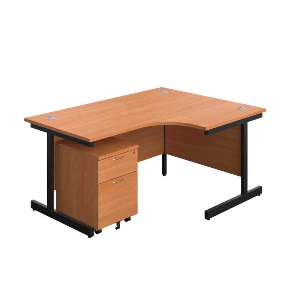 Right hand desk with single steel leg, wooden top, and integrated storage pedestal