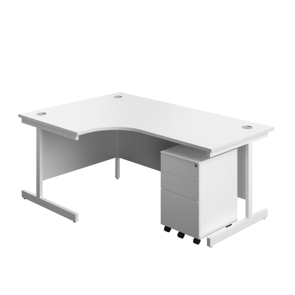 Left hand office desk with three drawer steel pedestal and wooden top