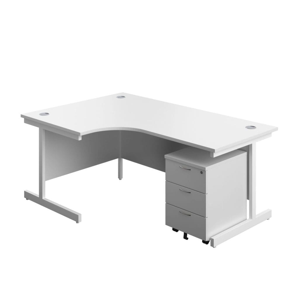 Left hand desk with three drawer mobile pedestal and wooden worktop