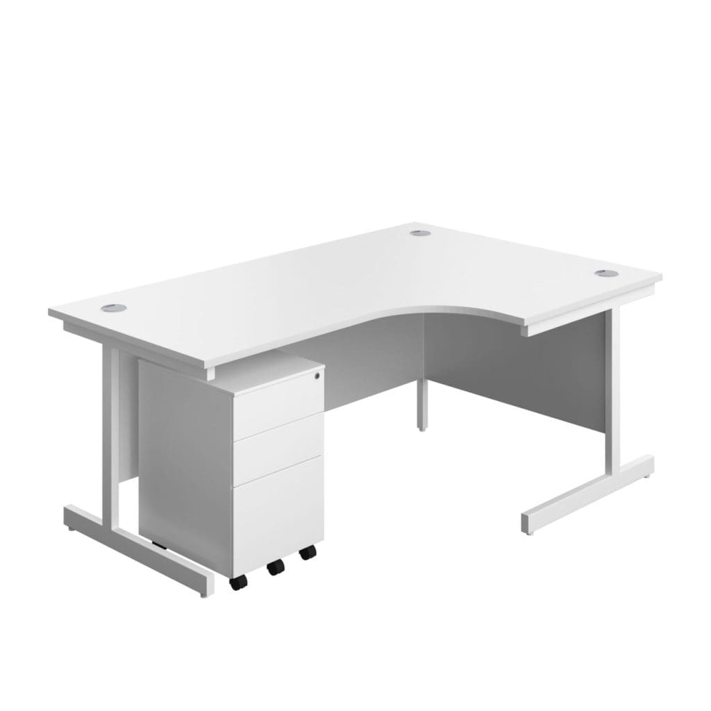 Right hand office desk with steel single leg frame and under-desk pedestal