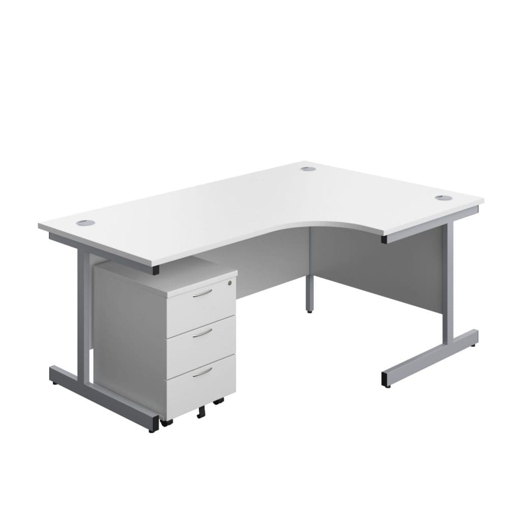 Right hand workstation with single steel leg and under-desk storage pedestal