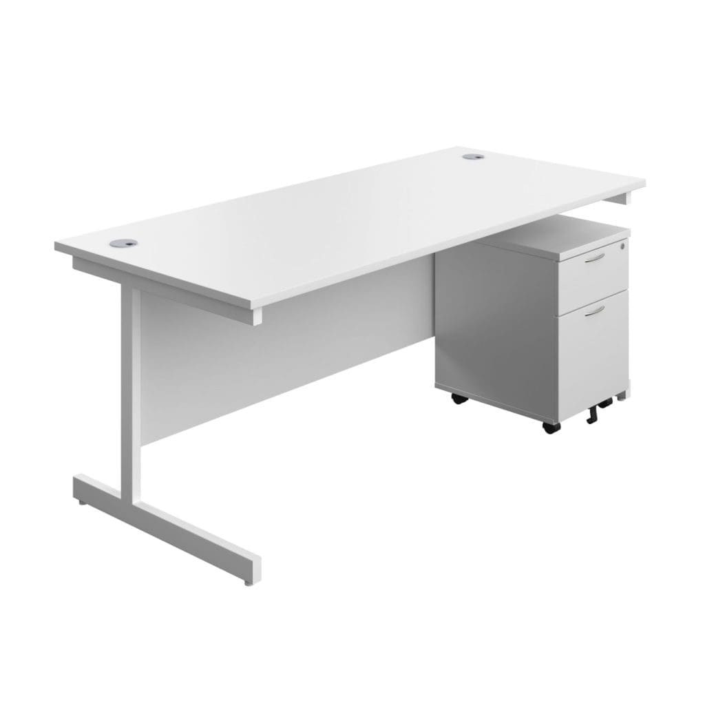 Rectangular wood-top desk with single steel leg and mobile pedestal on castors