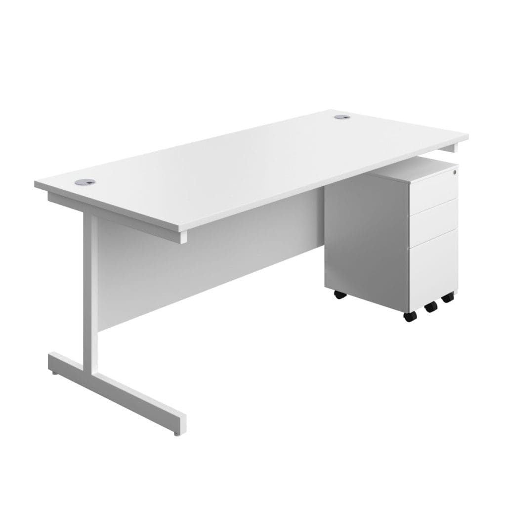 Rectangular office desk with single leg steel frame and under-desk pedestal