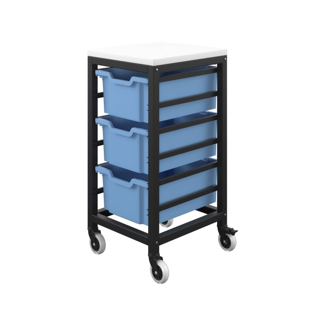Titan classroom storage unit with steel frame, white top, and blue tray drawers on wheels