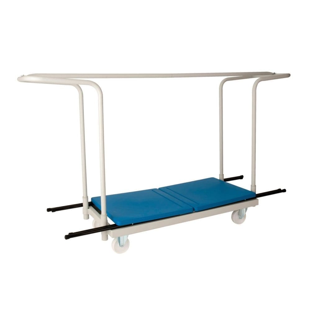 Titan exam desk trolley with white metal frame, wheels and 40 desk capacity