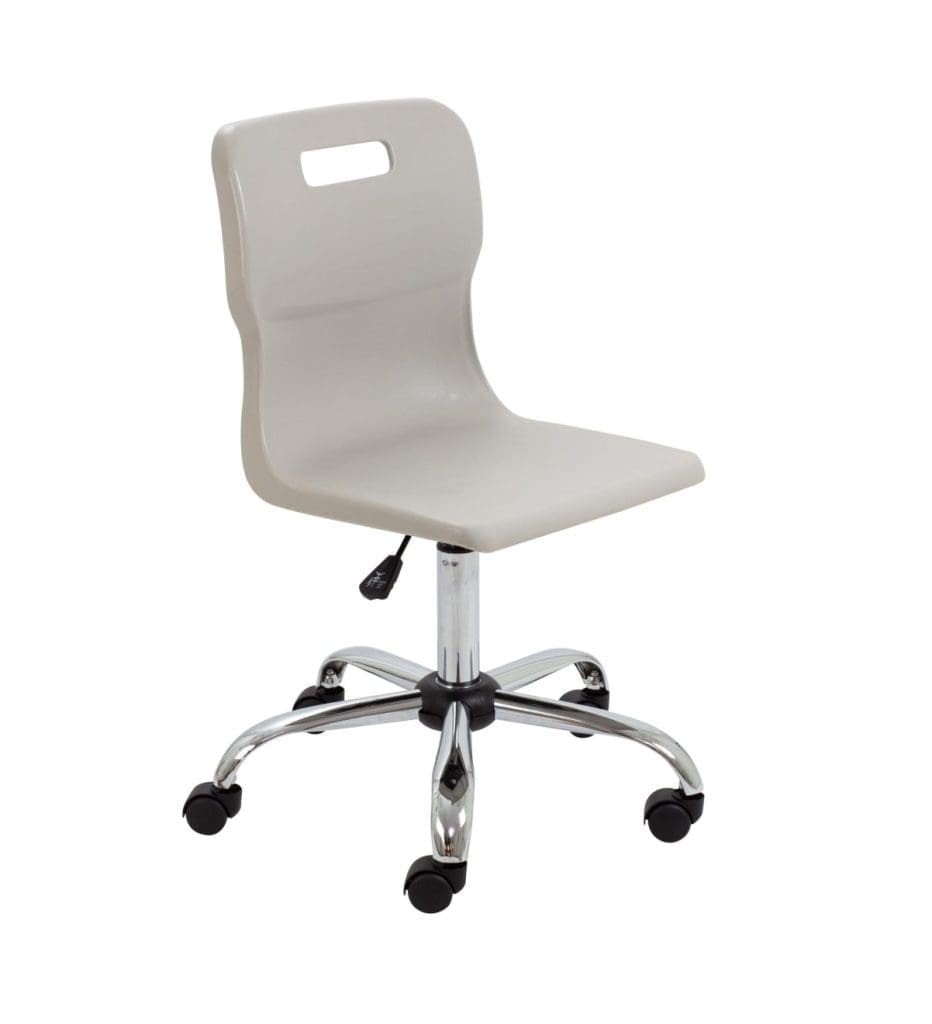 Titan senior swivel chair with chrome base, ergonomic seat, and black castors in classroom