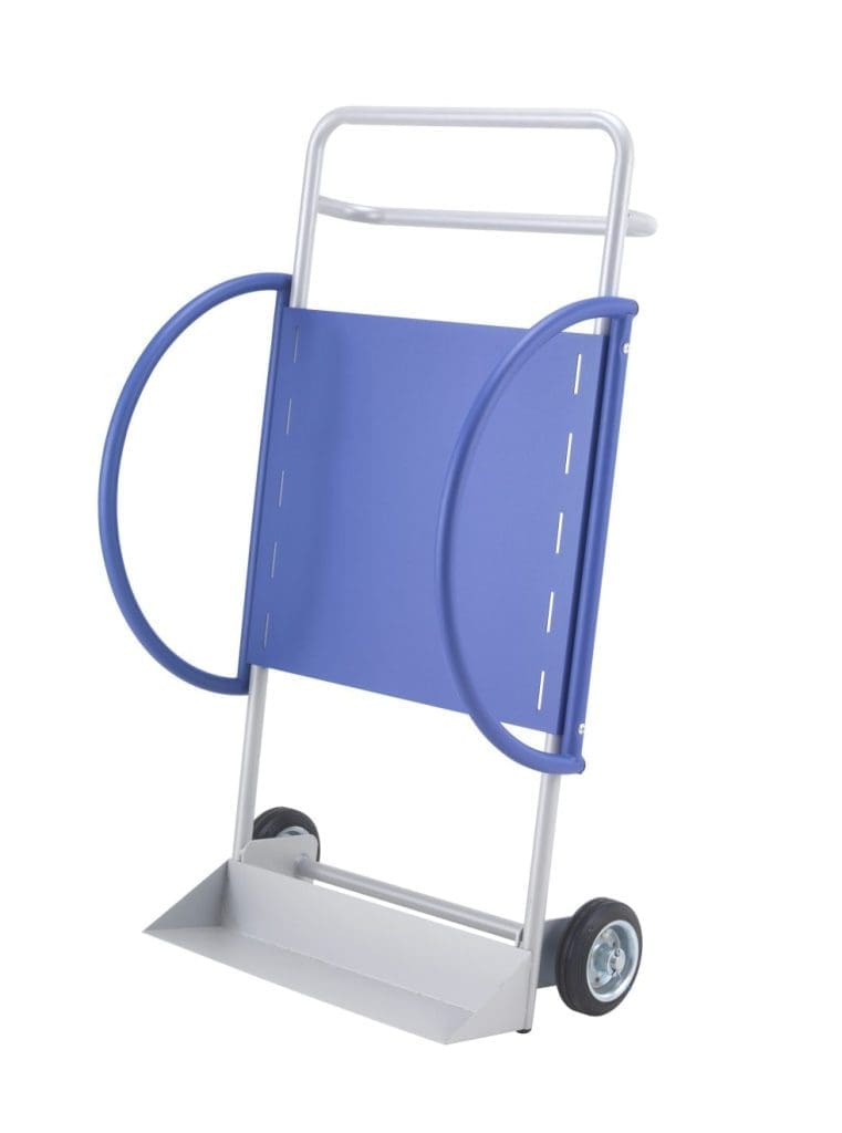 Titan folding chair trolley with silver frame, blue supports, and large wheels for 15 chairs